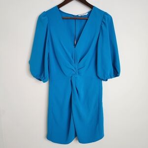 Amanda Uprichard Teal V-Neck Twisted Puff Sleeves Mini Dress Med Wedding Guest